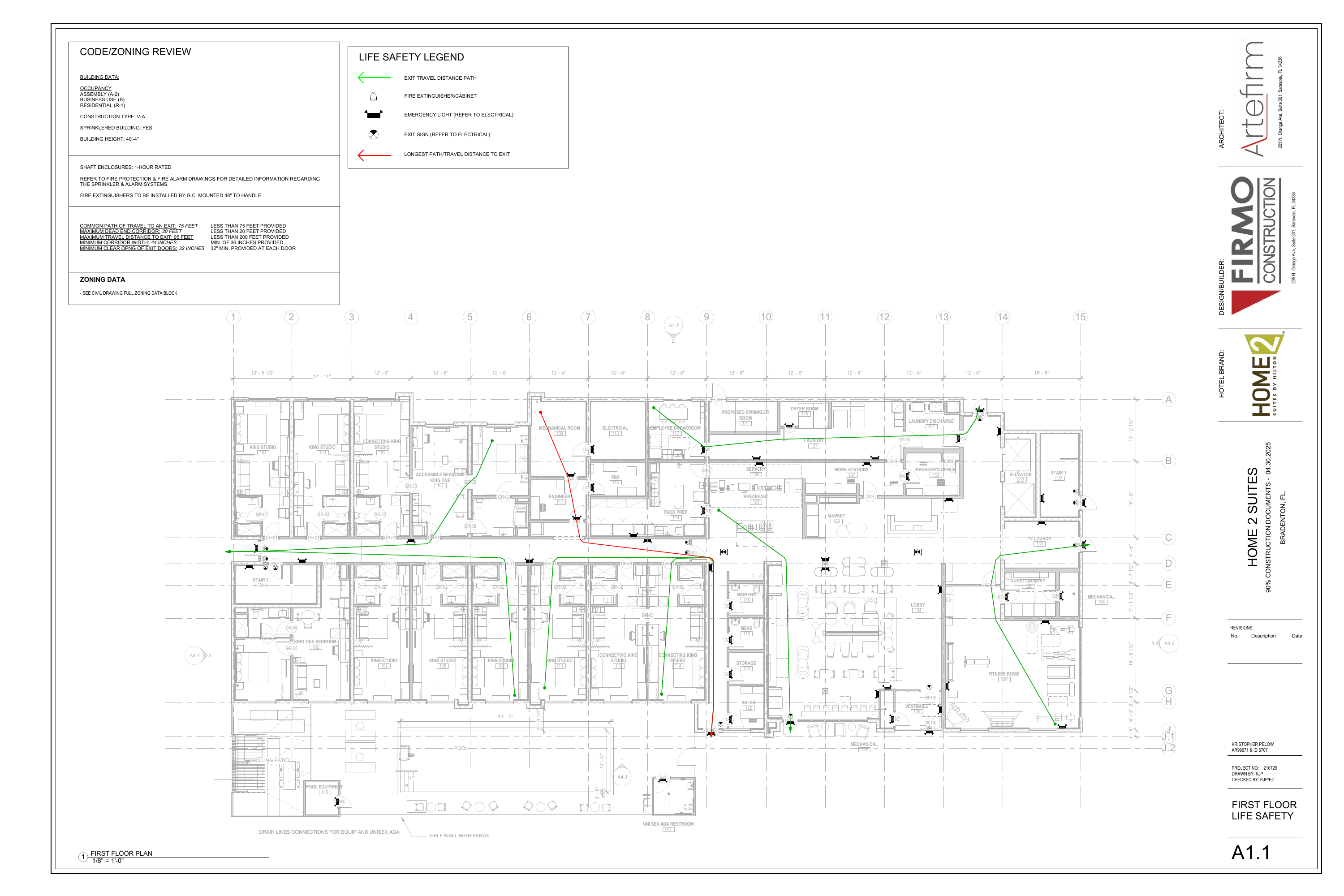 A1.1 First Floor Life Safety with exit paths, emergency lighting, exit signs and code review