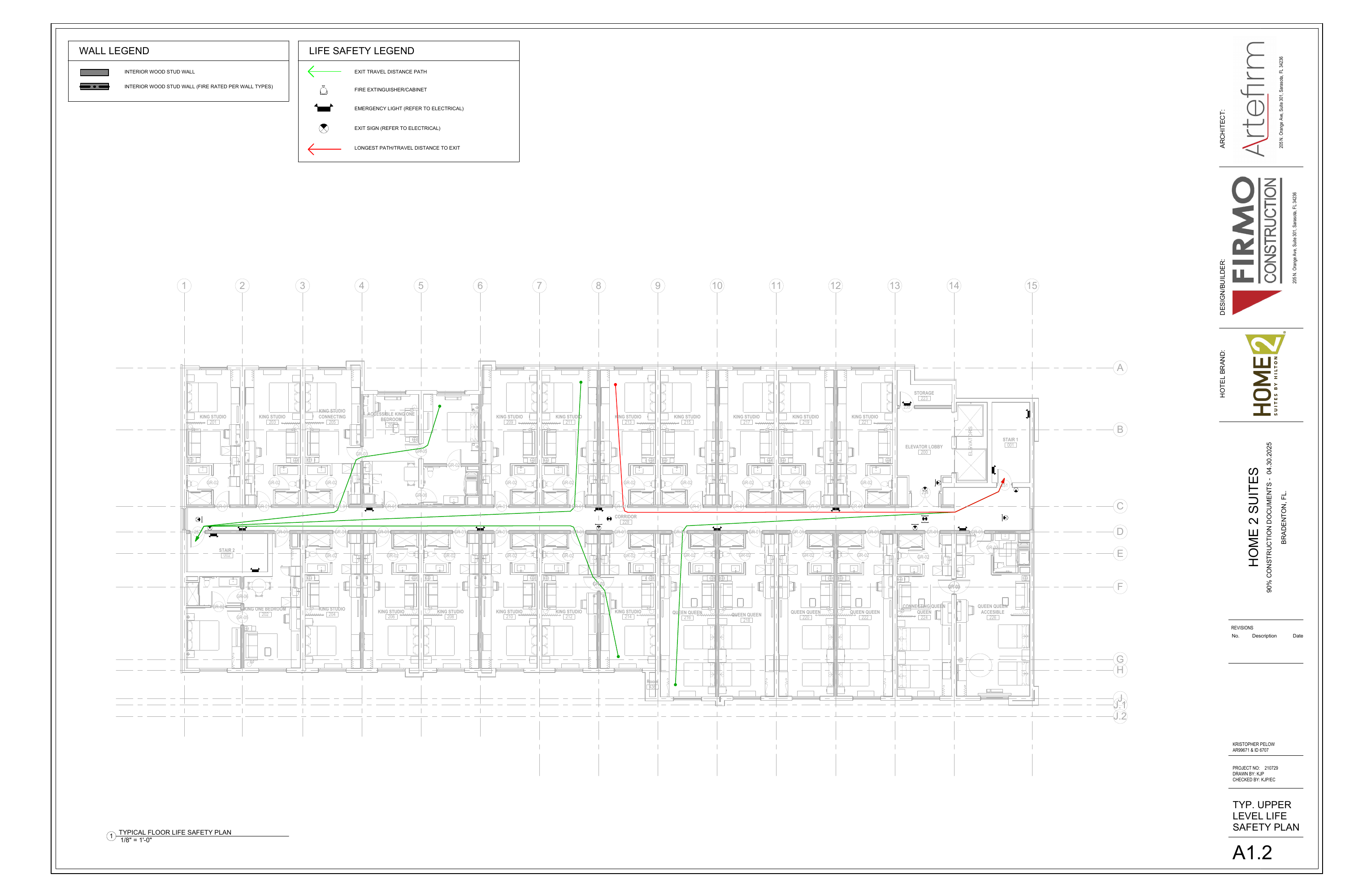 A1.2 Typical Upper Level Life Safety with wall legend, guestrooms, stairs and travel paths