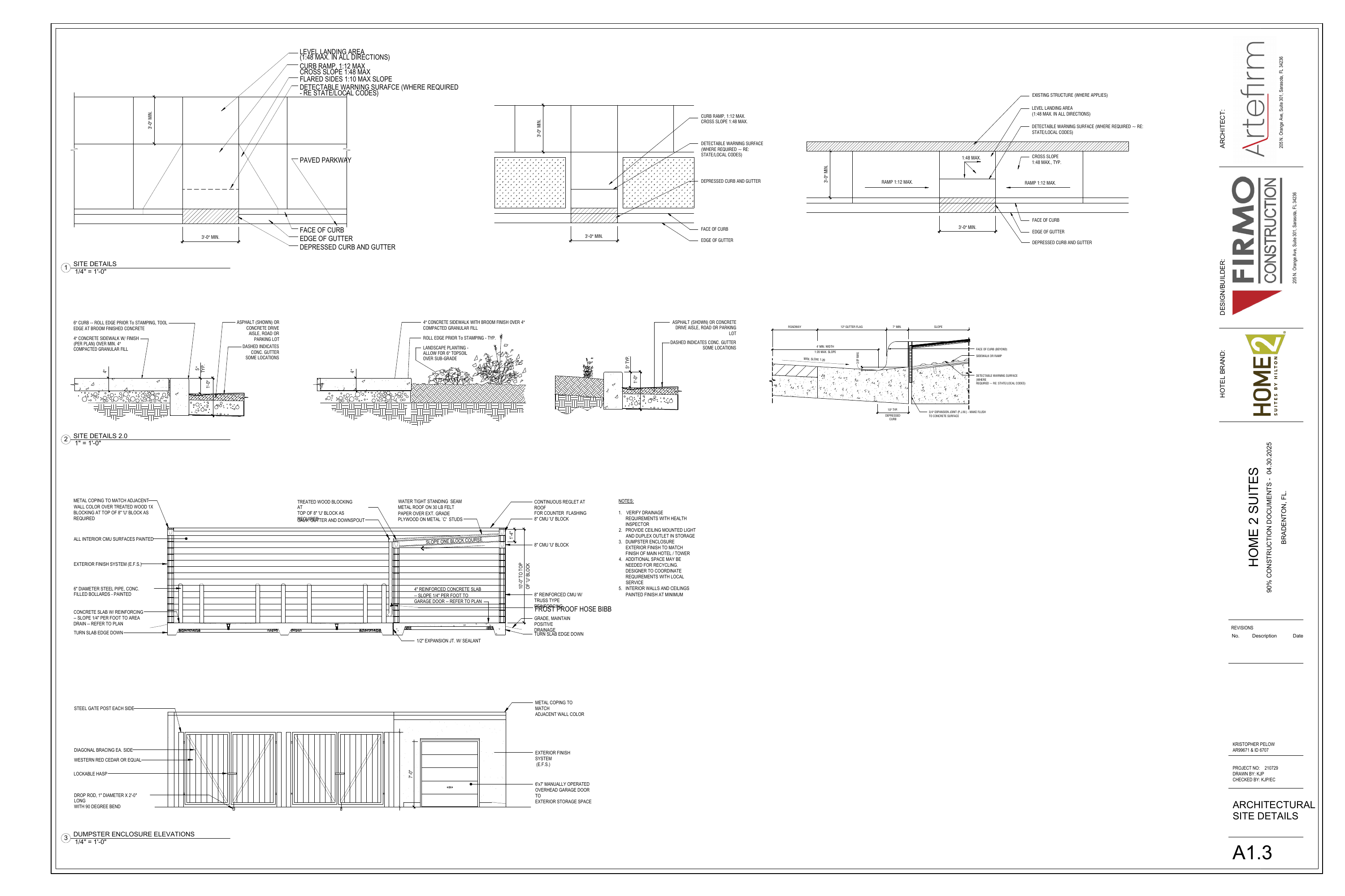 A1.3 Architectural Site Details with curb ramps, sidewalk sections and dumpster enclosure elevations