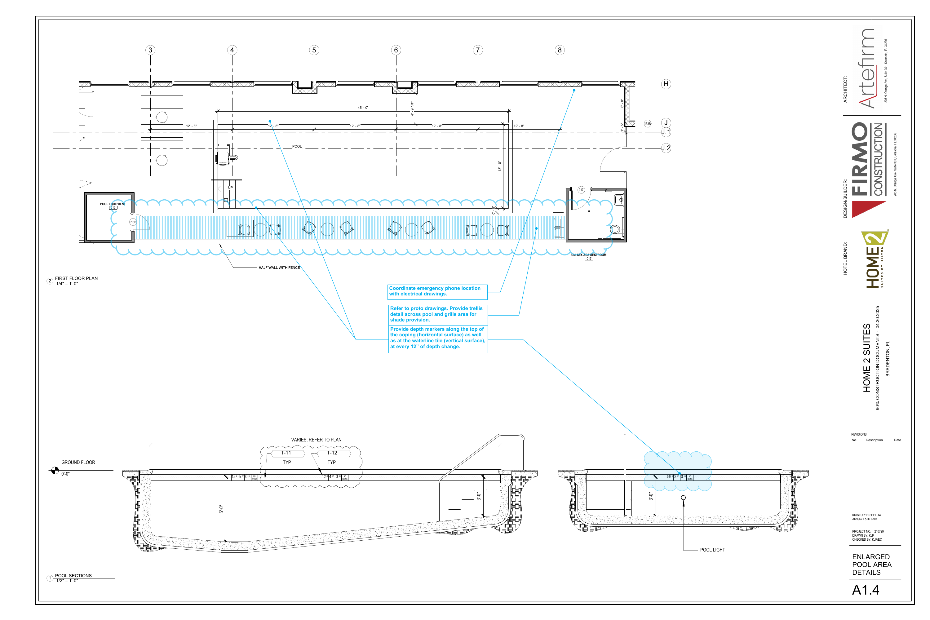 A1.4 Enlarged Pool Area Details with pool plan, furniture, restroom and pool sections