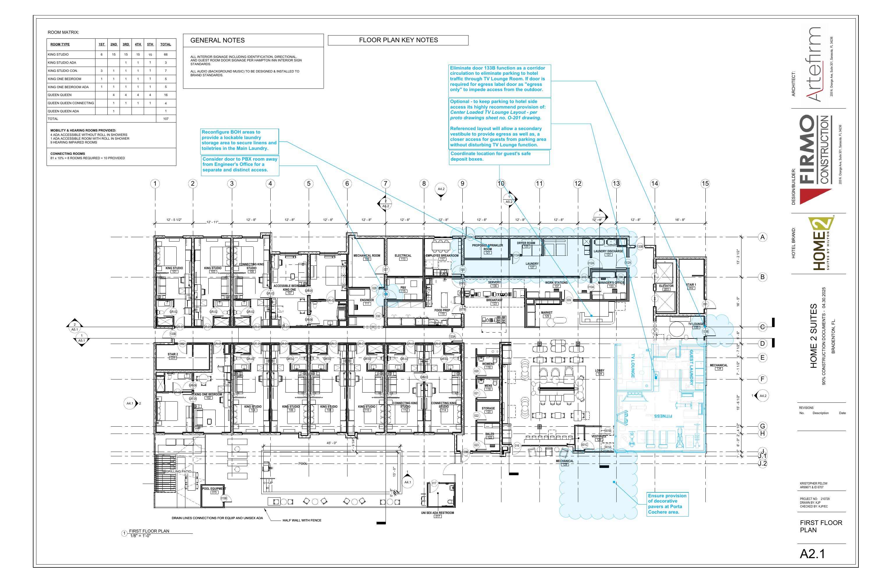 A2.1 first floor plan with guestrooms, service spaces, public rooms and pool