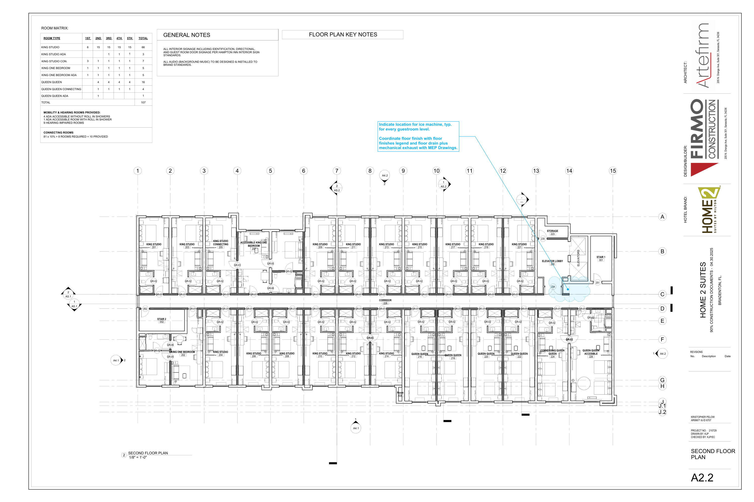 A2.2 second floor plan with guestrooms, corridor, storage, elevator lobby and stairs