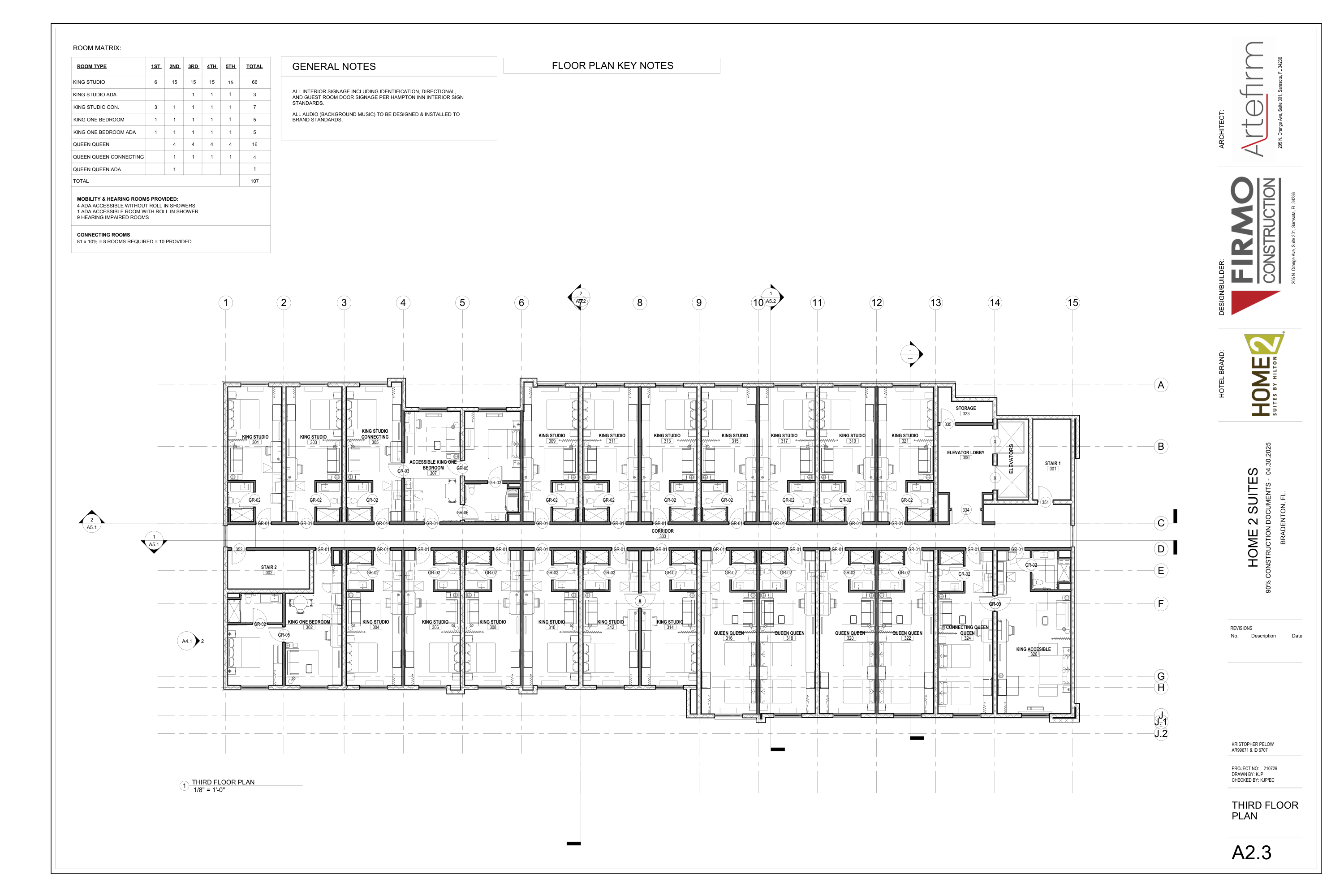 A2.3 third floor plan with guestrooms, corridor, storage, elevator lobby and stairs