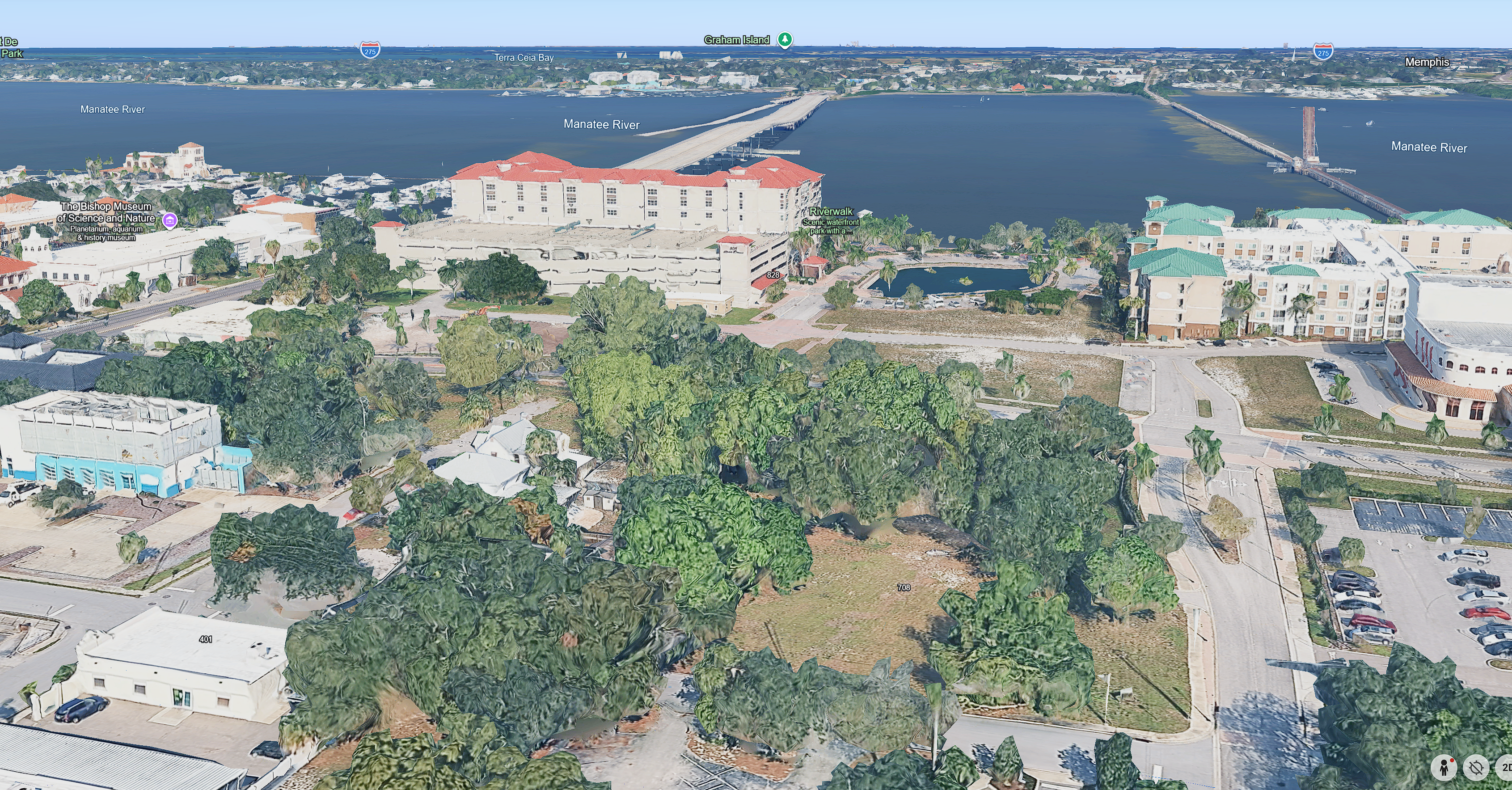 Supplied aerial showing the Bradenton property, surrounding streets and waterfront