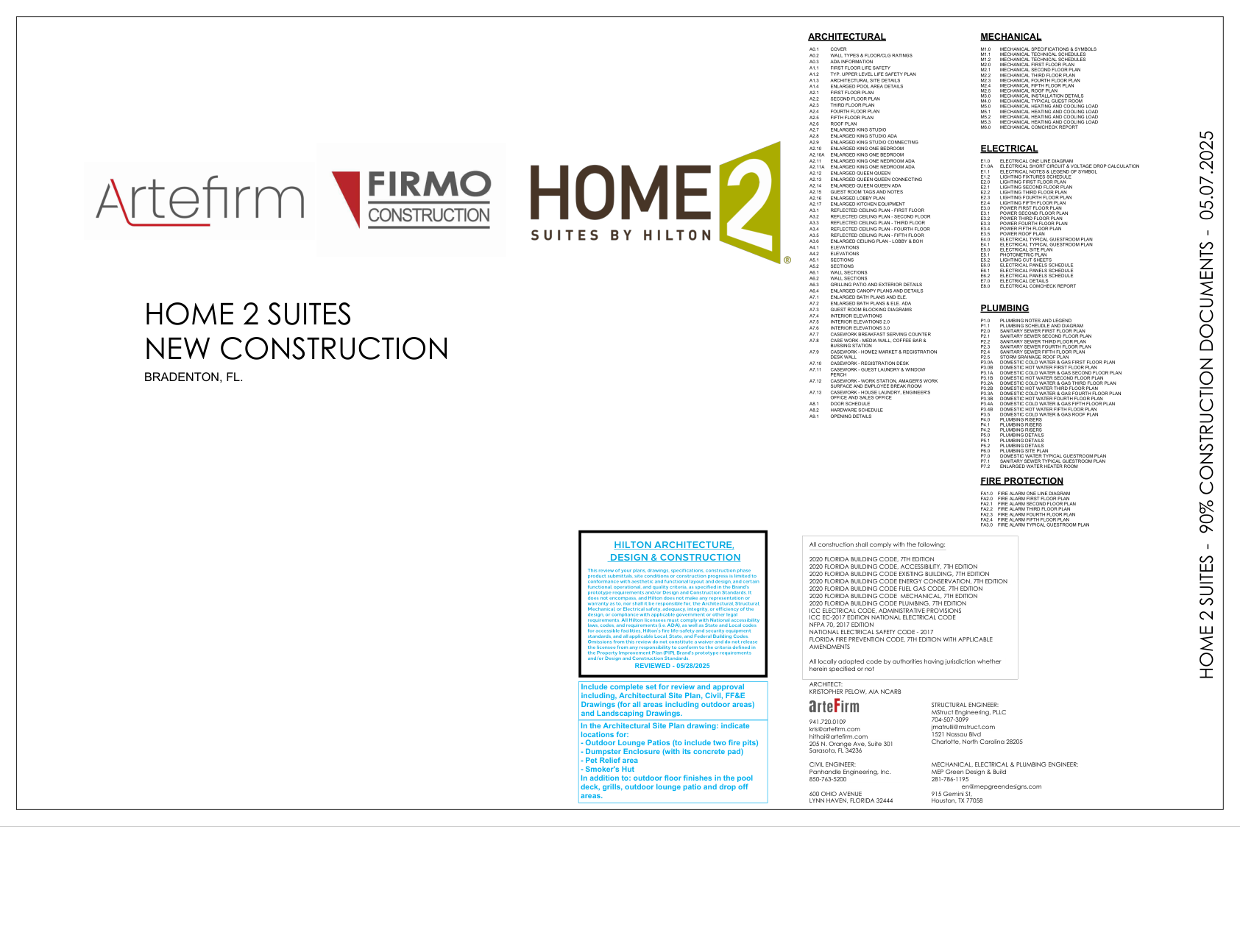 Complete A0.1 Home2 Suites Bradenton cover sheet including drawing index and Hilton review annotations