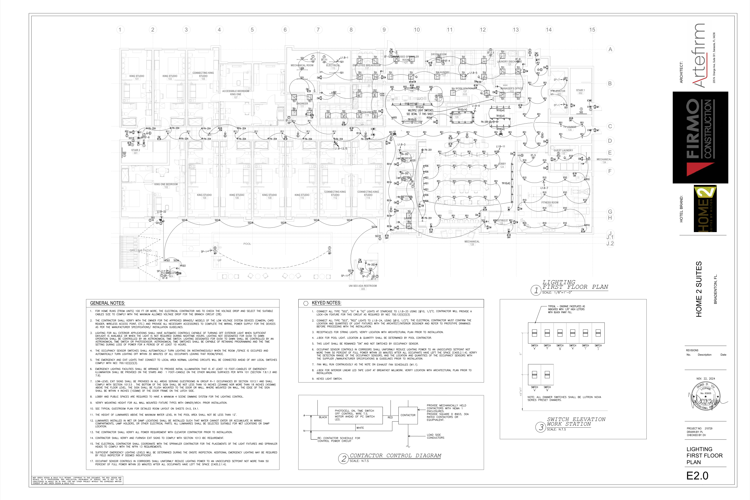 Bradenton E2.0 first-floor lighting plan, fixture dots and wiring connections